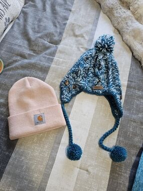 Carhartt Pink Knit Beanie & Blue Marled Pom-Pom Earflap Hat